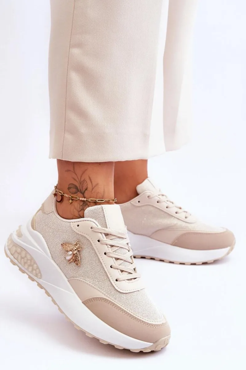 Outlet Błyszczące Buty Sportowe Z Ozdobą Beżowe Seneca Damskie Sneakersy Damskie
