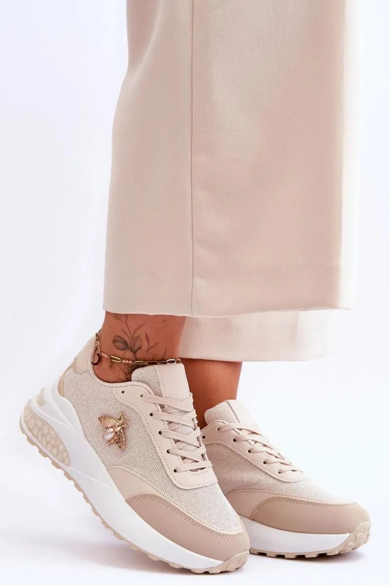 Outlet Błyszczące Buty Sportowe Z Ozdobą Beżowe Seneca Damskie Sneakersy Damskie