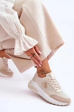 Outlet Błyszczące Buty Sportowe Z Ozdobą Beżowe Seneca Damskie Sneakersy Damskie
