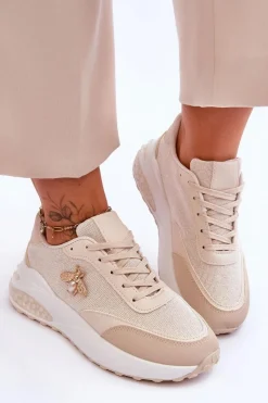 Outlet Błyszczące Buty Sportowe Z Ozdobą Beżowe Seneca Damskie Sneakersy Damskie