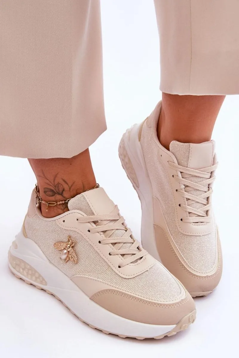 Outlet Błyszczące Buty Sportowe Z Ozdobą Beżowe Seneca Damskie Sneakersy Damskie