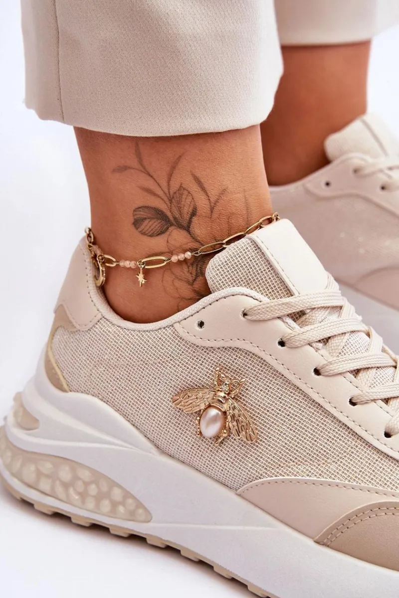 Outlet Błyszczące Buty Sportowe Z Ozdobą Beżowe Seneca Damskie Sneakersy Damskie