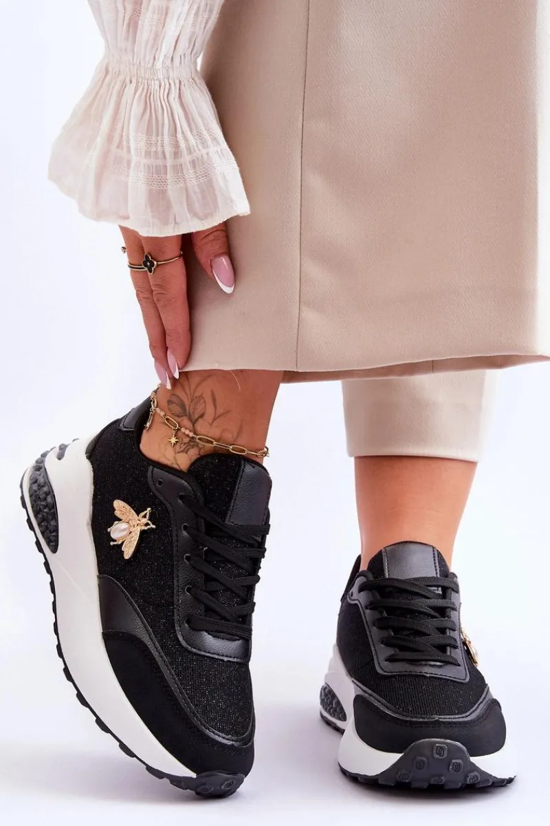 Sneakersy Damskie>Boto Błyszczące Buty Sportowe Z Ozdobą Czarne Seneca