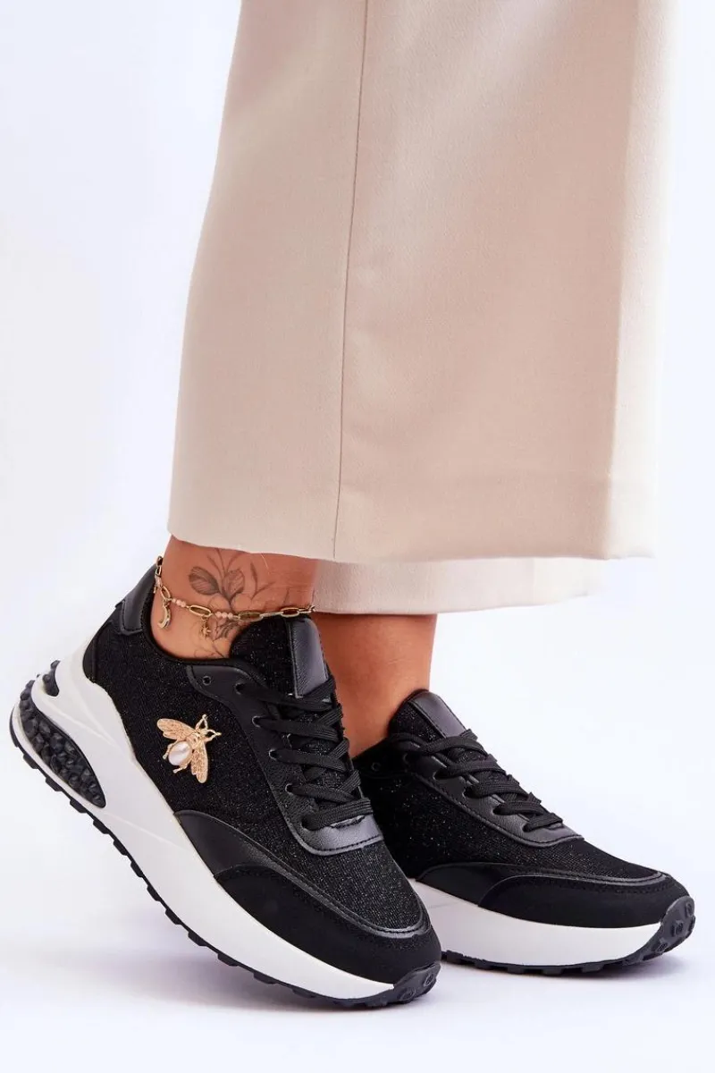 Sneakersy Damskie>Boto Błyszczące Buty Sportowe Z Ozdobą Czarne Seneca