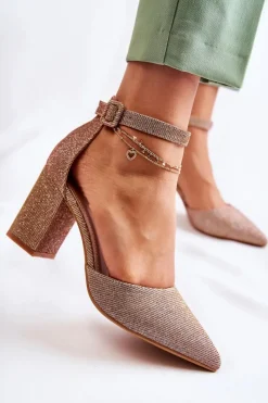 Błyszczące Czółenka Na Słupku Ciemnozłote Amira Damskie Czółenka Na Słupku|Czółenka Klasyczne