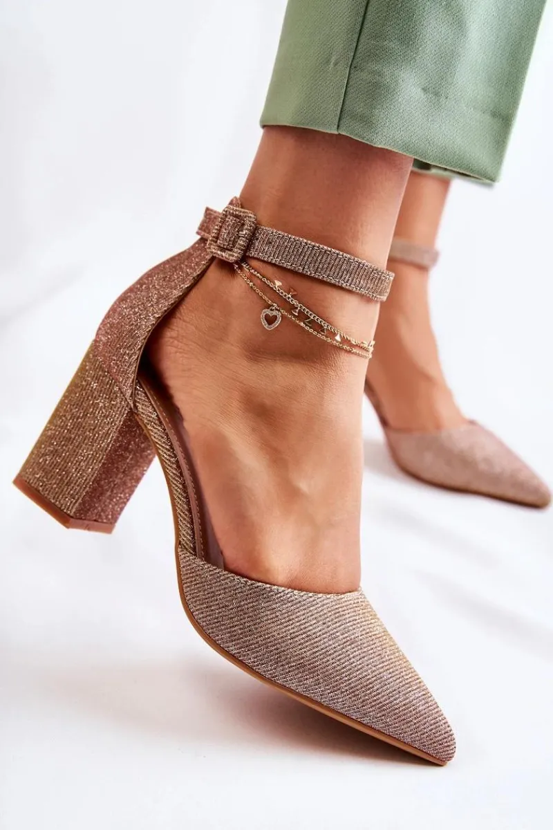 Błyszczące Czółenka Na Słupku Ciemnozłote Amira Damskie Czółenka Na Słupku|Czółenka Klasyczne