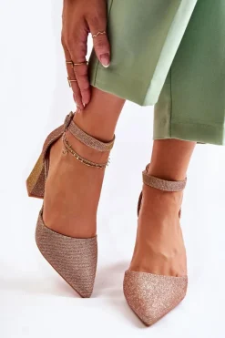 Błyszczące Czółenka Na Słupku Ciemnozłote Amira Damskie Czółenka Na Słupku|Czółenka Klasyczne