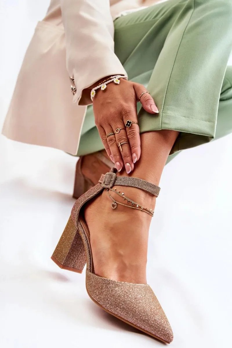 Błyszczące Czółenka Na Słupku Ciemnozłote Amira Damskie Czółenka Na Słupku|Czółenka Klasyczne