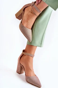 Błyszczące Czółenka Na Słupku Ciemnozłote Amira Damskie Czółenka Na Słupku|Czółenka Klasyczne