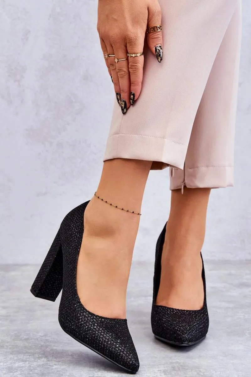 Czółenka Na Słupku|Czółenka Klasyczne>Boto Błyszczące Czółenka Na Słupku Czarne Elmira