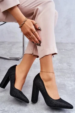 Czółenka Na Słupku|Czółenka Klasyczne>Boto Błyszczące Czółenka Na Słupku Czarne Elmira