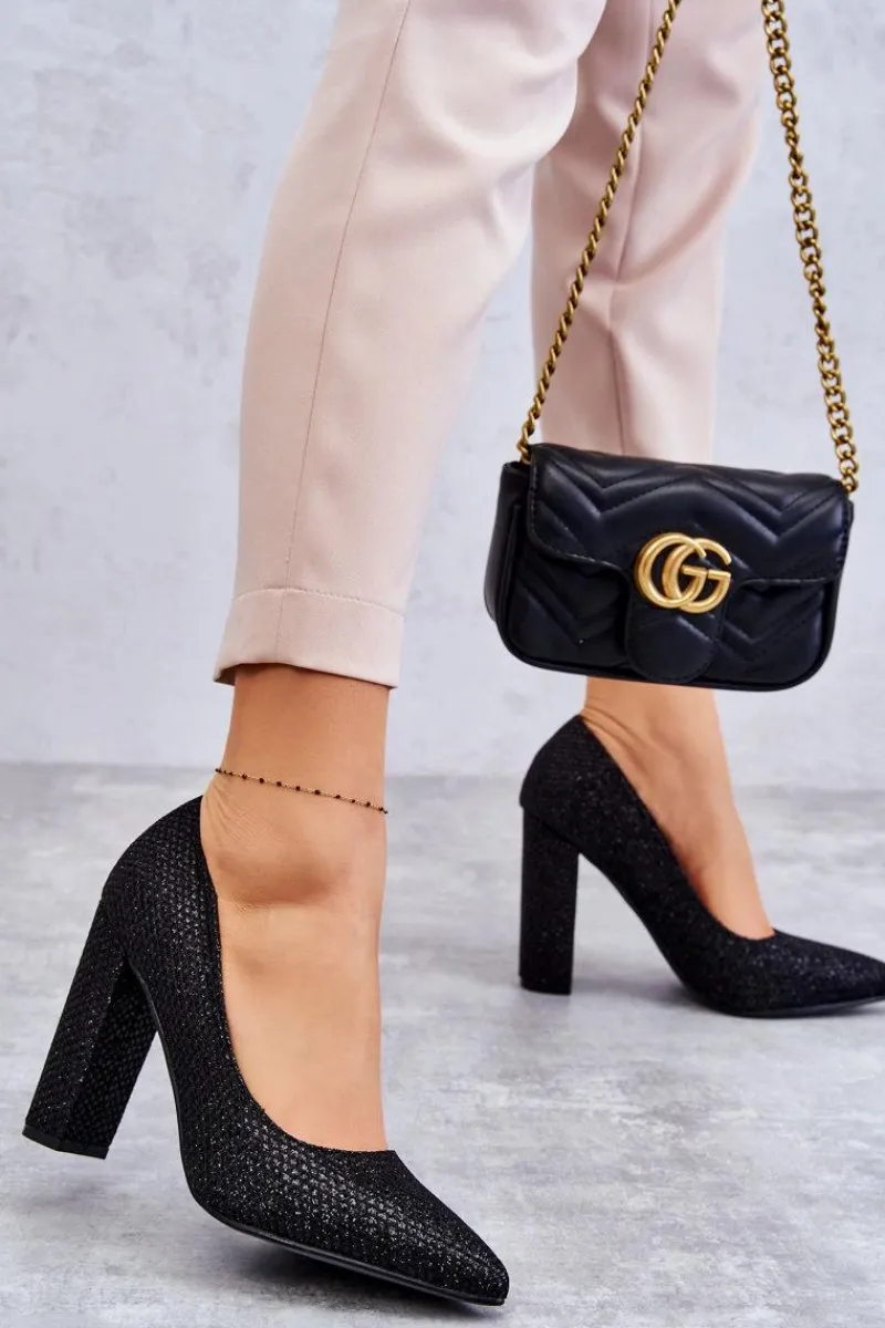 Czółenka Na Słupku|Czółenka Klasyczne>Boto Błyszczące Czółenka Na Słupku Czarne Elmira