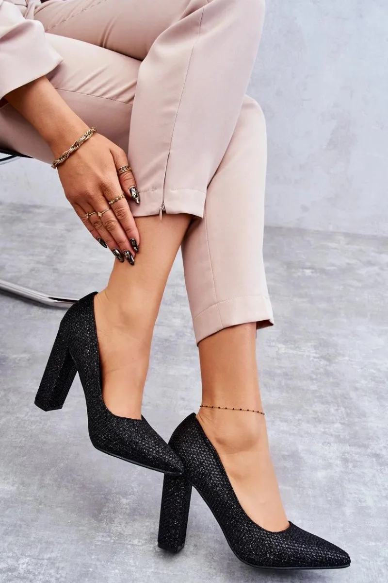 Czółenka Na Słupku|Czółenka Klasyczne>Boto Błyszczące Czółenka Na Słupku Czarne Elmira