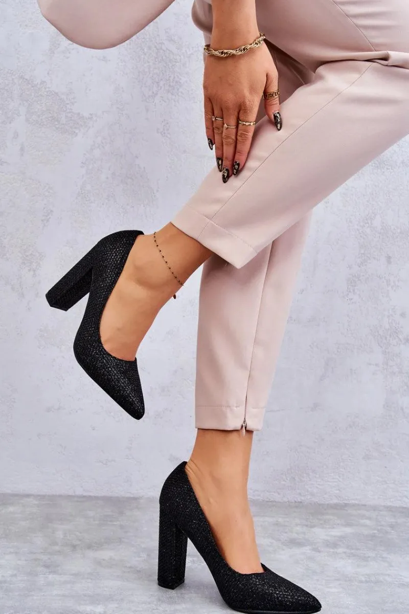 Czółenka Na Słupku|Czółenka Klasyczne>Boto Błyszczące Czółenka Na Słupku Czarne Elmira