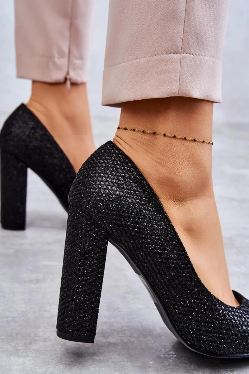 Czółenka Na Słupku|Czółenka Klasyczne>Boto Błyszczące Czółenka Na Słupku Czarne Elmira