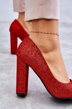 Sale Błyszczące Czółenka Na Słupku Czerwone Elmira Damskie Czółenka Na Słupku|Czółenka Klasyczne