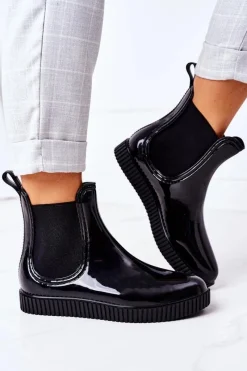 Clearance Boto Błyszczące Kalosze Na Platformie Czarne Waterfall