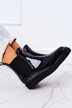 Clearance Boto Błyszczące Kalosze Na Platformie Czarne Waterfall