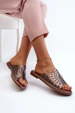 Sale Błyszczące Klapki Damskie Na Płaskim Obcasie Z Ozdobą Miedziane Ebirena Damskie Klapki Damskie Klasyczne