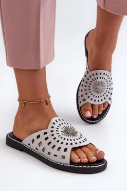 Outlet Błyszczące Klapki Damskie Na Płaskim Obcasie Z Ozdobą Srebrne Ebirena Damskie Klapki Damskie Klasyczne