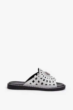 Outlet Błyszczące Klapki Damskie Na Płaskim Obcasie Z Ozdobą Srebrne Ebirena Damskie Klapki Damskie Klasyczne