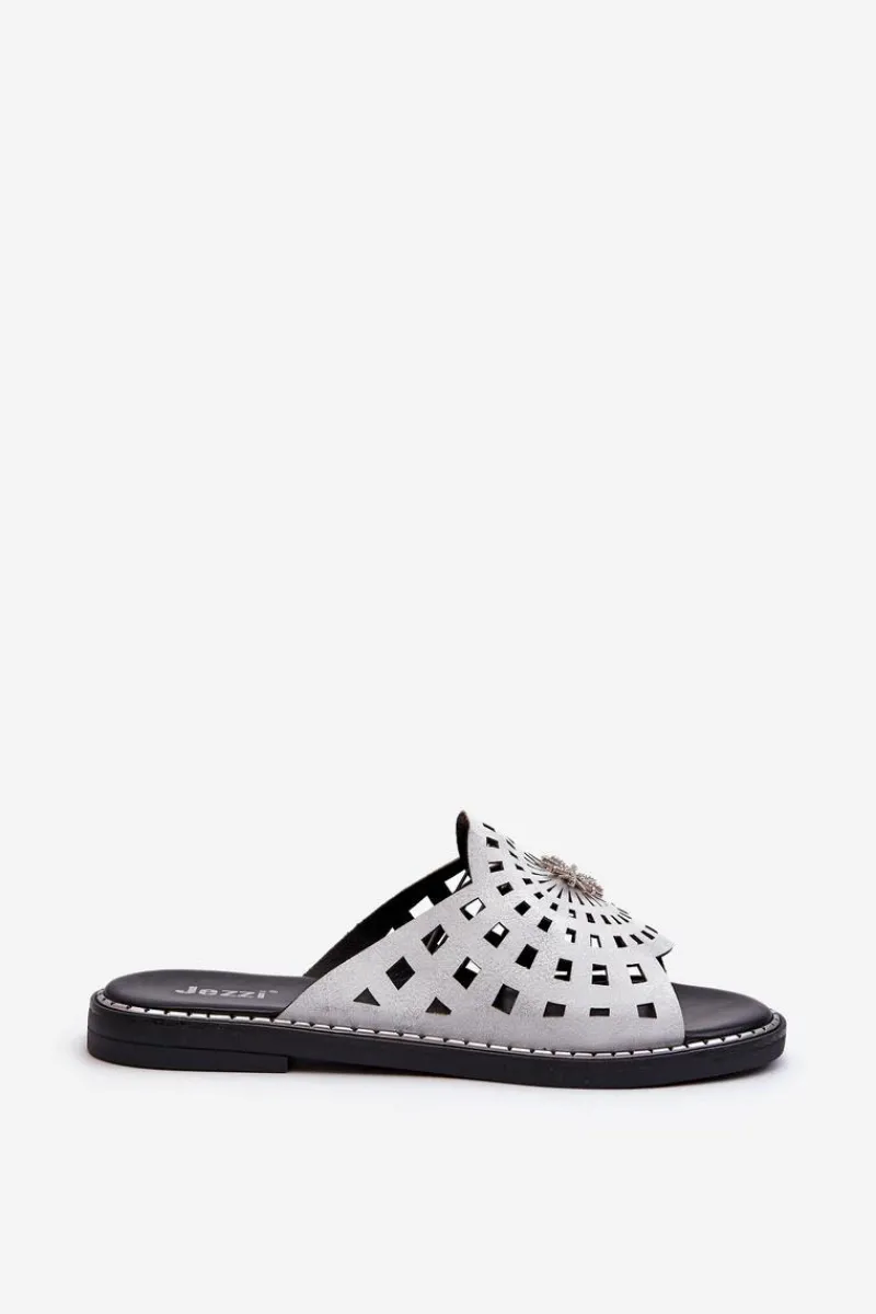 Outlet Błyszczące Klapki Damskie Na Płaskim Obcasie Z Ozdobą Srebrne Ebirena Damskie Klapki Damskie Klasyczne