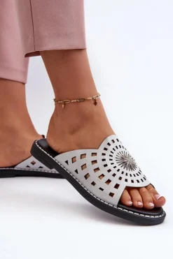 Outlet Błyszczące Klapki Damskie Na Płaskim Obcasie Z Ozdobą Srebrne Ebirena Damskie Klapki Damskie Klasyczne