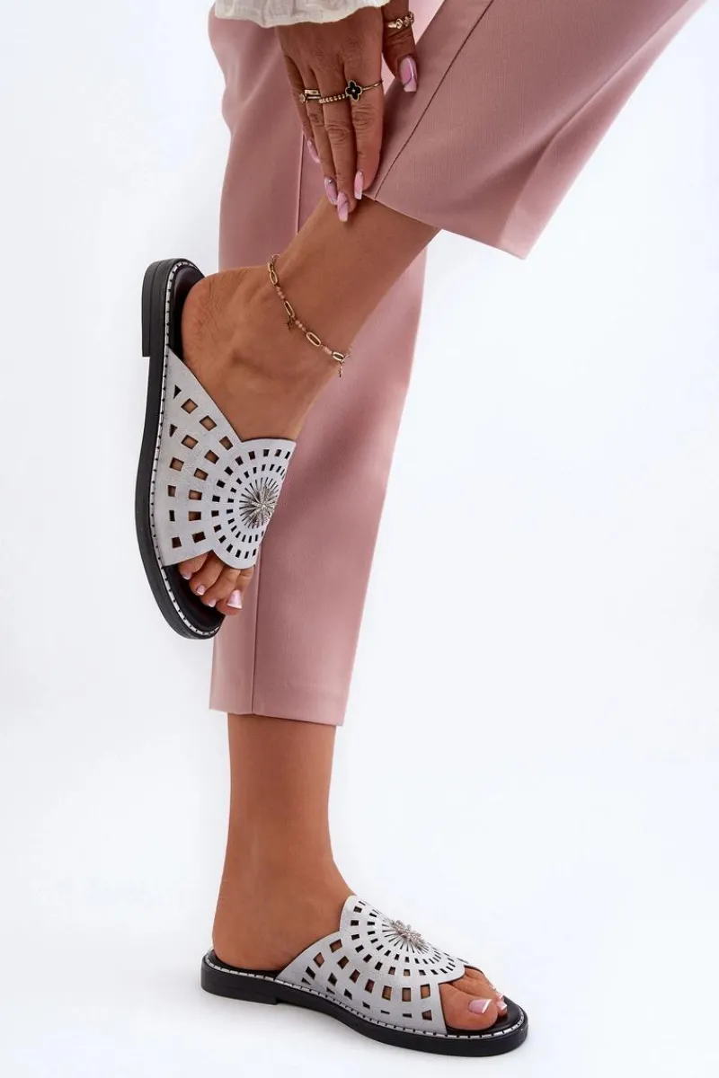 Outlet Błyszczące Klapki Damskie Na Płaskim Obcasie Z Ozdobą Srebrne Ebirena Damskie Klapki Damskie Klasyczne