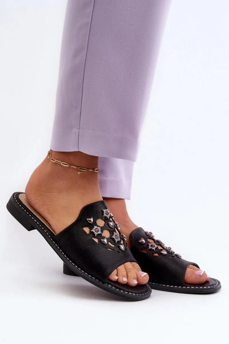 Klapki Damskie Klasyczne>Damskie buty S.Barski Błyszczące Klapki Damskie Z Ozdobami S.Barski KV27-063 Czarne Czarny