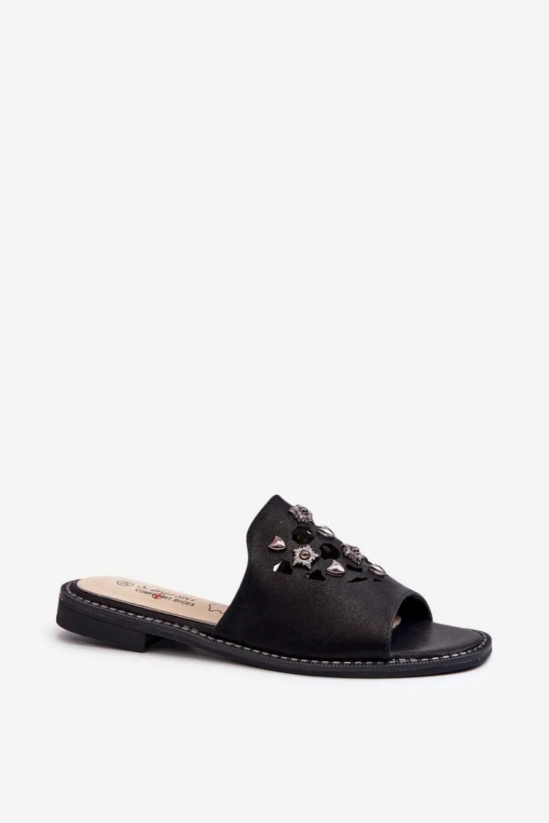 Klapki Damskie Klasyczne>Damskie buty S.Barski Błyszczące Klapki Damskie Z Ozdobami S.Barski KV27-063 Czarne Czarny