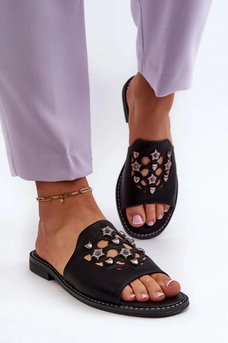 Klapki Damskie Klasyczne>Damskie buty S.Barski Błyszczące Klapki Damskie Z Ozdobami S.Barski KV27-063 Czarne Czarny