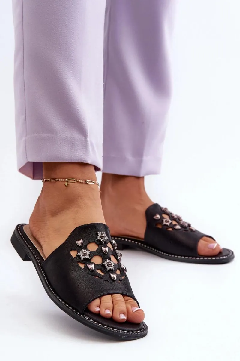 Klapki Damskie Klasyczne>Damskie buty S.Barski Błyszczące Klapki Damskie Z Ozdobami S.Barski KV27-063 Czarne Czarny