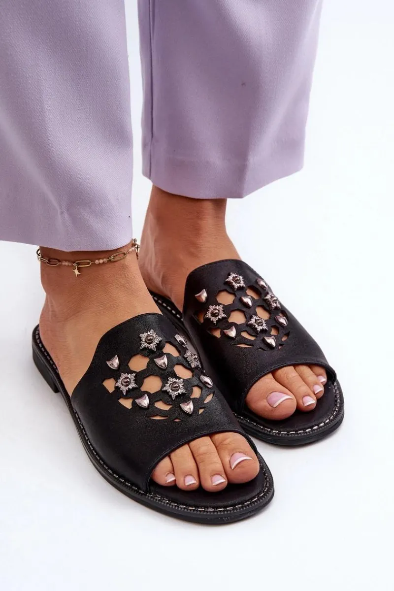 Klapki Damskie Klasyczne>Damskie buty S.Barski Błyszczące Klapki Damskie Z Ozdobami S.Barski KV27-063 Czarne Czarny