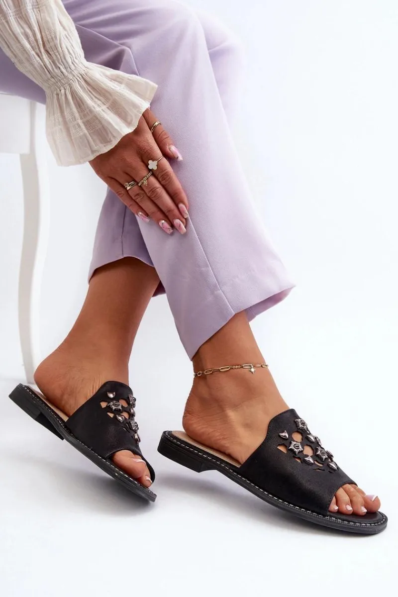 Klapki Damskie Klasyczne>Damskie buty S.Barski Błyszczące Klapki Damskie Z Ozdobami S.Barski KV27-063 Czarne Czarny