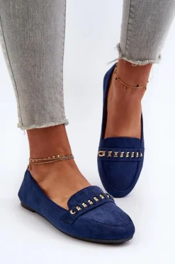 Sale Błyszczące Mokasyny Damskie Z Łańcuchem Granatowe Aredilla Damskie Loafersy Damskie|Mokasyny Damskie Zamszowe
