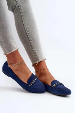 Sale Błyszczące Mokasyny Damskie Z Łańcuchem Granatowe Aredilla Damskie Loafersy Damskie|Mokasyny Damskie Zamszowe