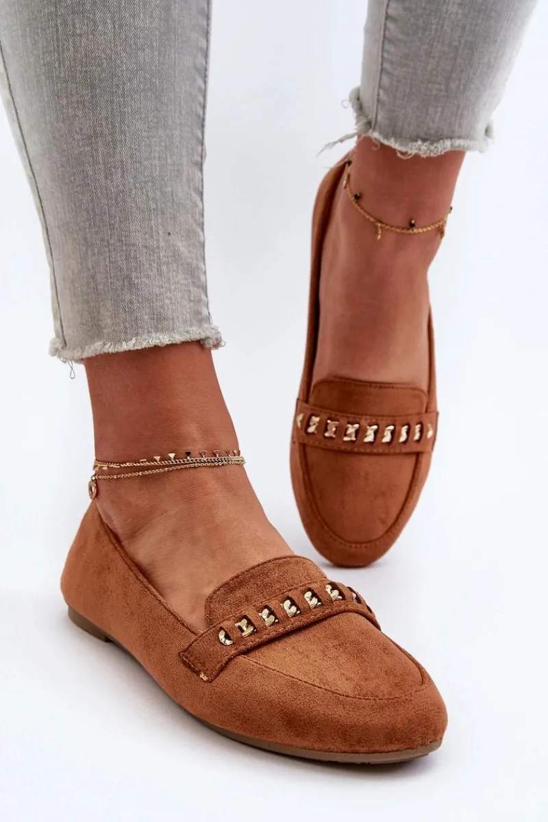 Best Boto Błyszczące Mokasyny Damskie Z Łańcuchem Camel Aredilla Brązowy