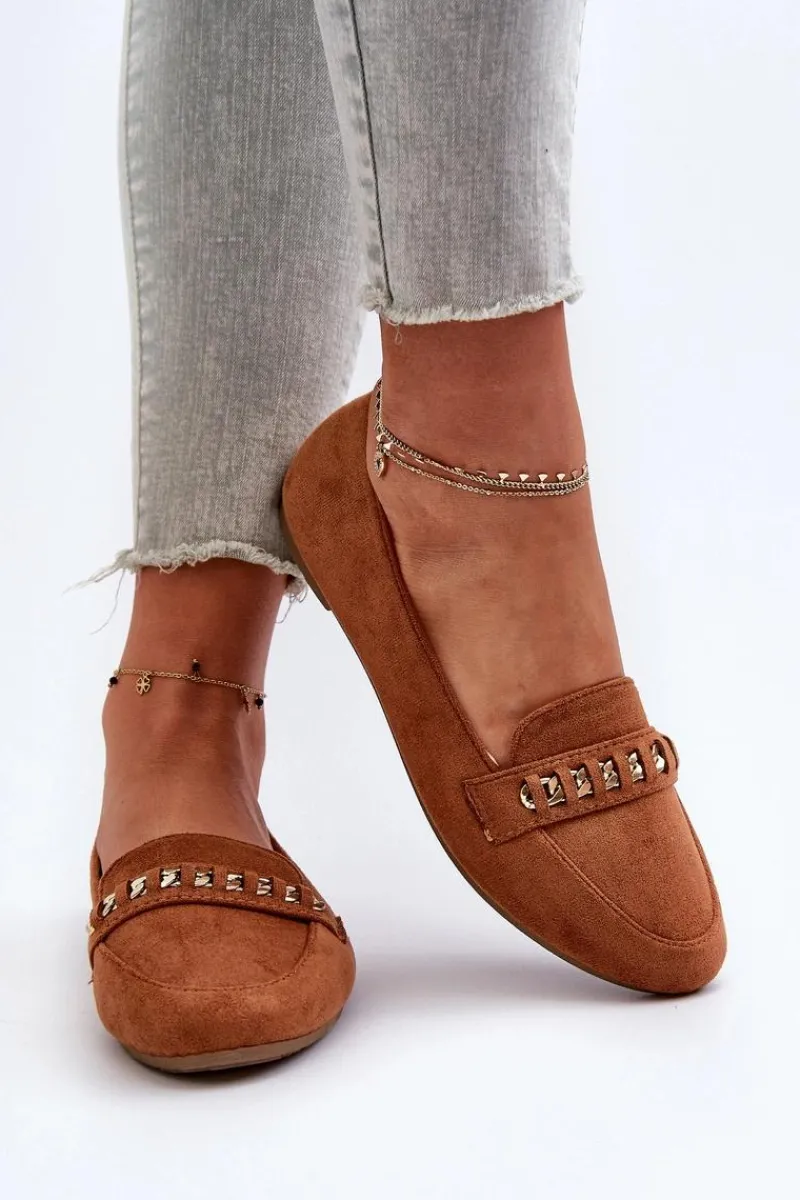 Best Boto Błyszczące Mokasyny Damskie Z Łańcuchem Camel Aredilla Brązowy