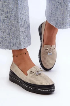 Loafersy Damskie|Mokasyny Damskie Skórzane></noscript>Damskie buty S.Barski Błyszczące Mokasyny Damskie Skórzane Na Platformie S.Barski LR400 Złote Złoty