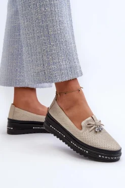 Loafersy Damskie|Mokasyny Damskie Skórzane></noscript>Damskie buty S.Barski Błyszczące Mokasyny Damskie Skórzane Na Platformie S.Barski LR400 Złote Złoty