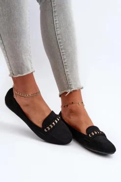 Outlet Boto Błyszczące Mokasyny Damskie Z Łańcuchem Czarne Aredilla