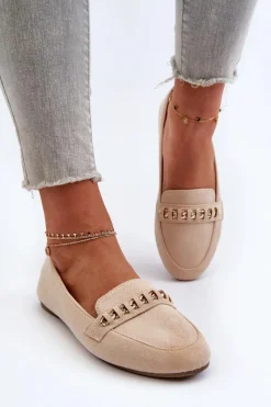 Loafersy Damskie|Mokasyny Damskie Zamszowe>Boto Błyszczące Mokasyny Damskie Z Łańcuchem Beżowe Aredilla Beżowy
