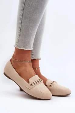 Loafersy Damskie|Mokasyny Damskie Zamszowe>Boto Błyszczące Mokasyny Damskie Z Łańcuchem Beżowe Aredilla Beżowy