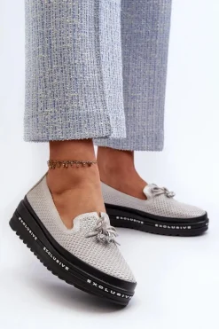 Clearance Błyszczące Mokasyny Damskie Skórzane Na Platformie S.Barski LR400 Srebrne Damskie Loafersy Damskie|Mokasyny Damskie Skórzane