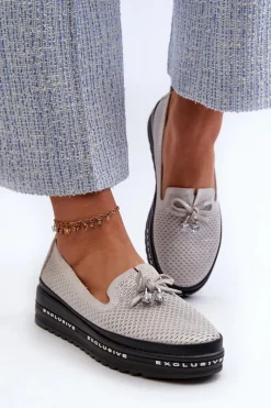 Clearance Błyszczące Mokasyny Damskie Skórzane Na Platformie S.Barski LR400 Srebrne Damskie Loafersy Damskie|Mokasyny Damskie Skórzane