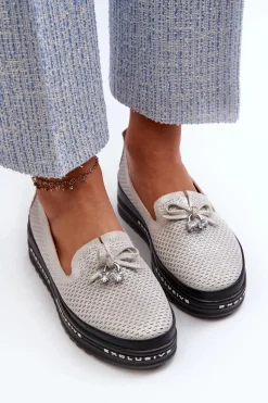 Clearance Błyszczące Mokasyny Damskie Skórzane Na Platformie S.Barski LR400 Srebrne Damskie Loafersy Damskie|Mokasyny Damskie Skórzane