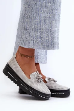 Clearance Błyszczące Mokasyny Damskie Skórzane Na Platformie S.Barski LR400 Srebrne Damskie Loafersy Damskie|Mokasyny Damskie Skórzane