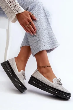 Clearance Błyszczące Mokasyny Damskie Skórzane Na Platformie S.Barski LR400 Srebrne Damskie Loafersy Damskie|Mokasyny Damskie Skórzane