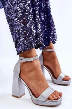 Sandały Na Obcasie>Boto Błyszczące Sandałki Na Masywnym Obcasie Srebrne Calmi Srebrny