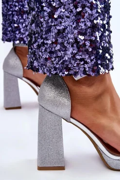 Sandały Na Obcasie></noscript>Boto Błyszczące Sandałki Na Masywnym Obcasie Srebrne Calmi Srebrny